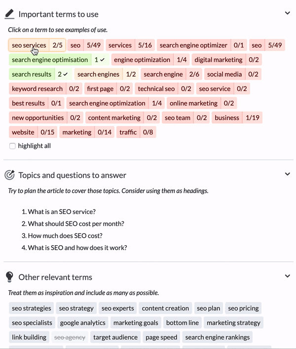 examples of keyword usages in content editor