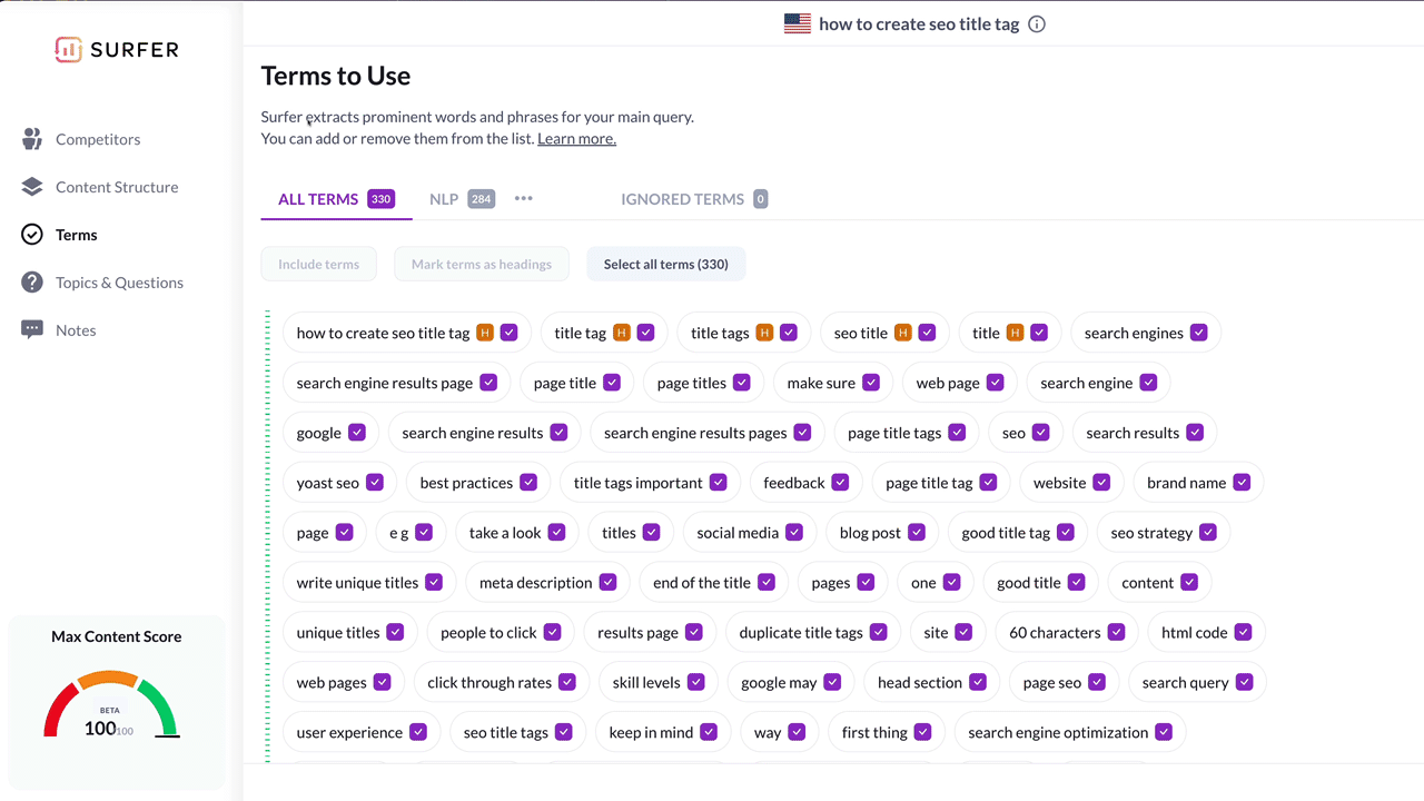 picking terms to use in surfer content editor