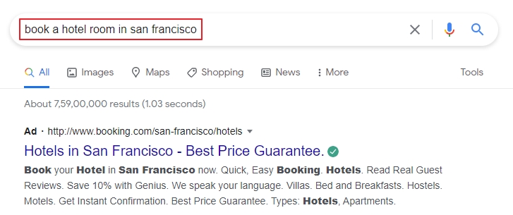 Google SERP result for "book a hotel room in san francisco"