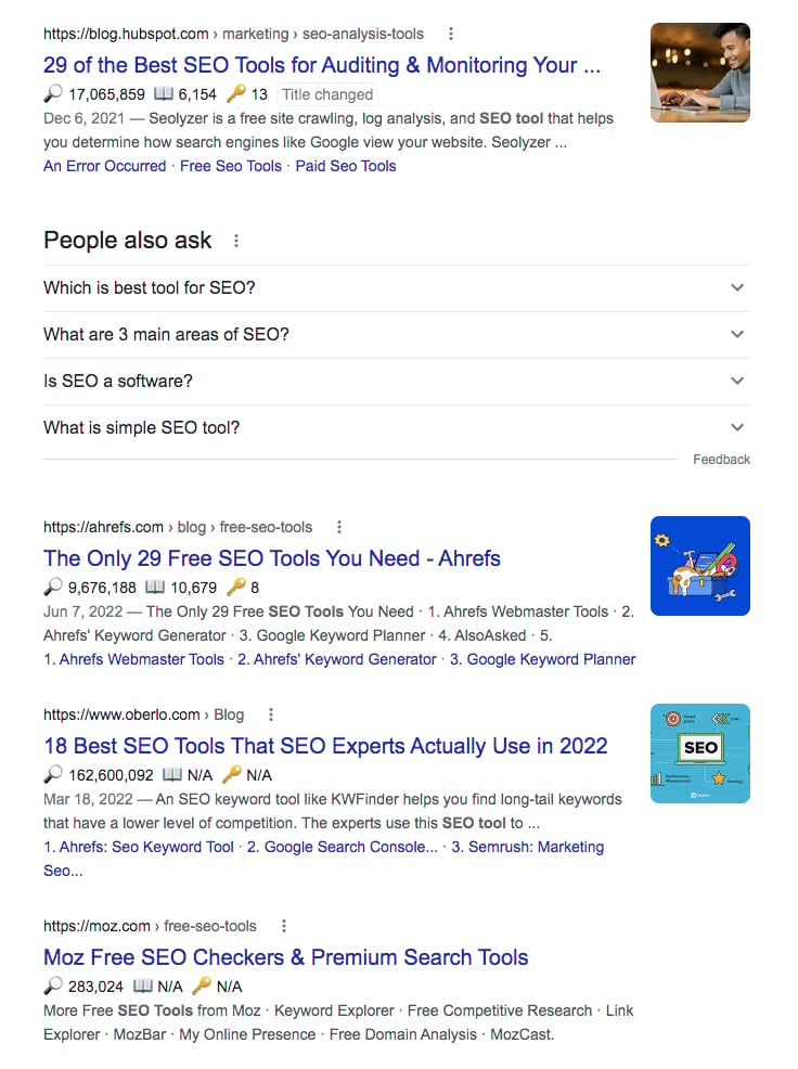 SERP  “SEO tools” in Google search