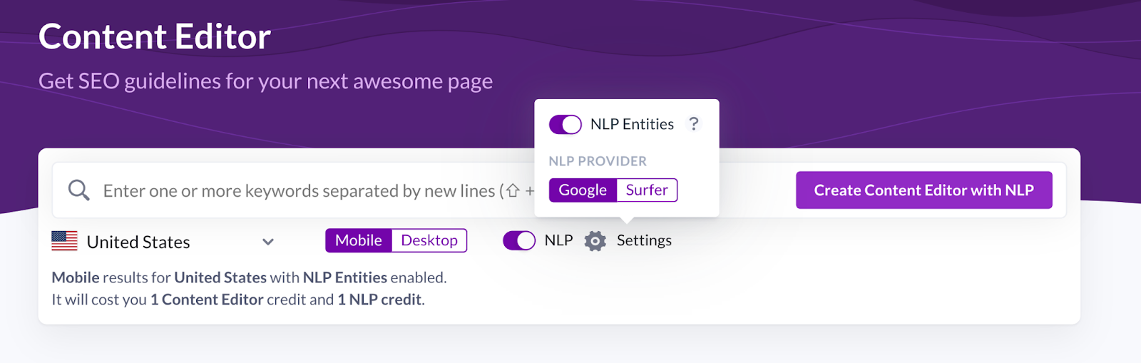 choosing Surfer NLP settings in Content Editor