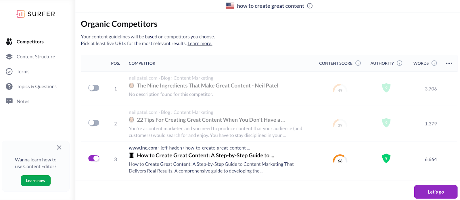 Selecting competitors in Content Editor 2.0