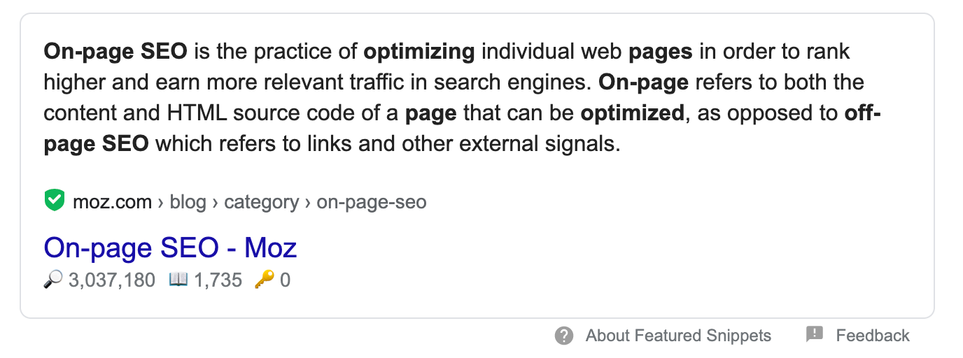 A featured snippet for on-page SEO