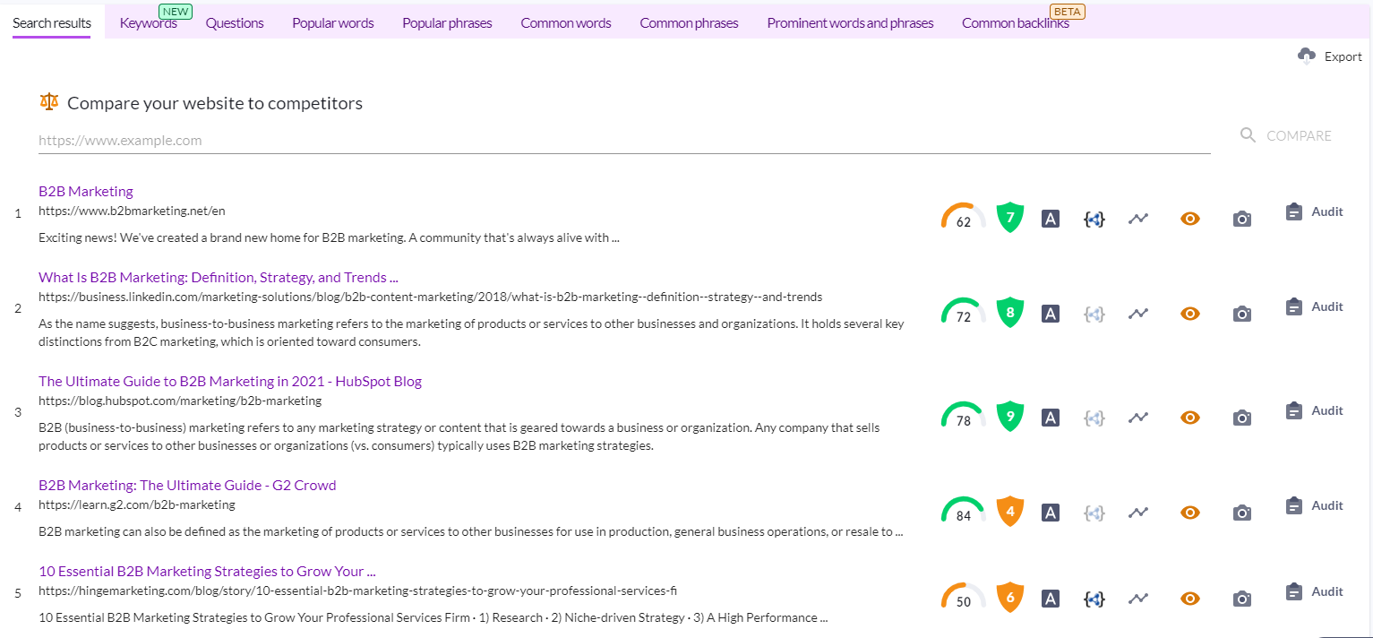 competitors in surfer serp analyzer