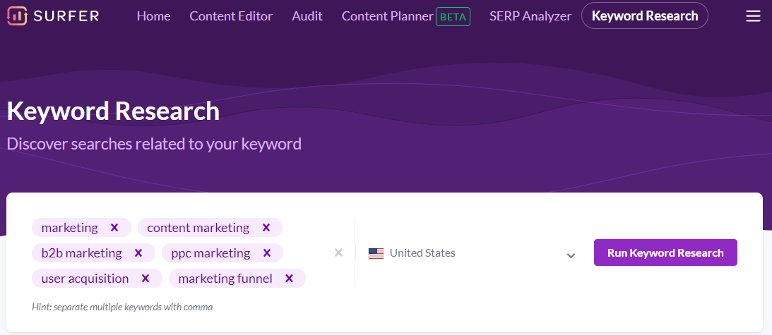 Surfer keyword research tool