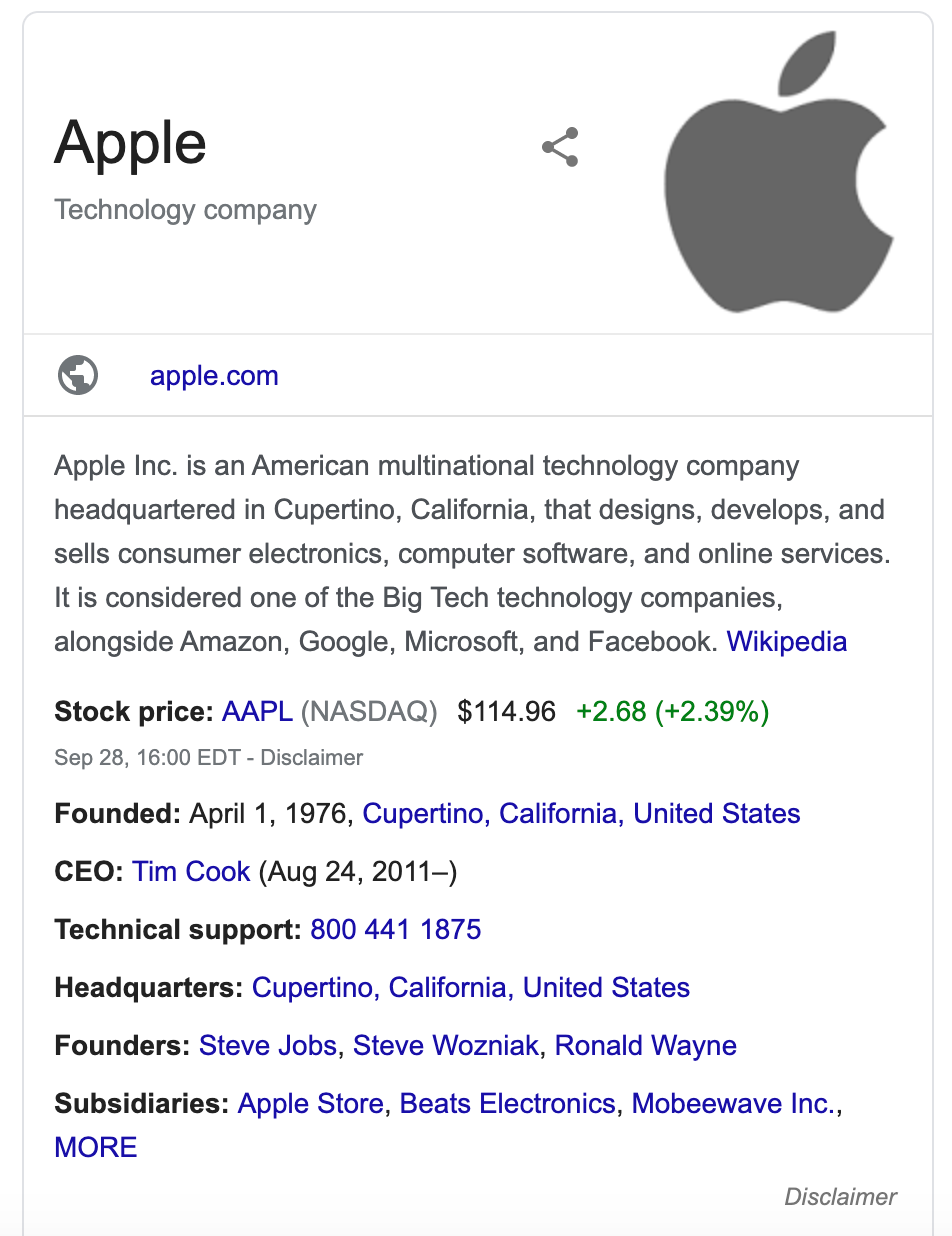 knowledge box for apple brand in google search