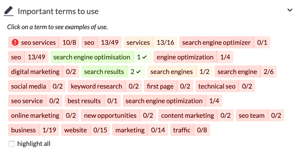 important keywords to use in surfer content editor