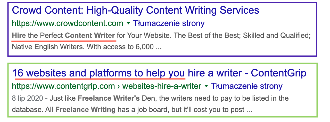 search intent in serp for hire content writers keyword 2