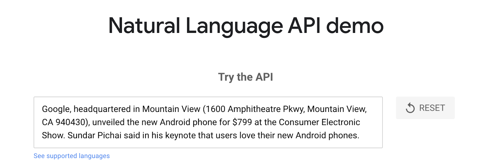 google's NLP api demo input