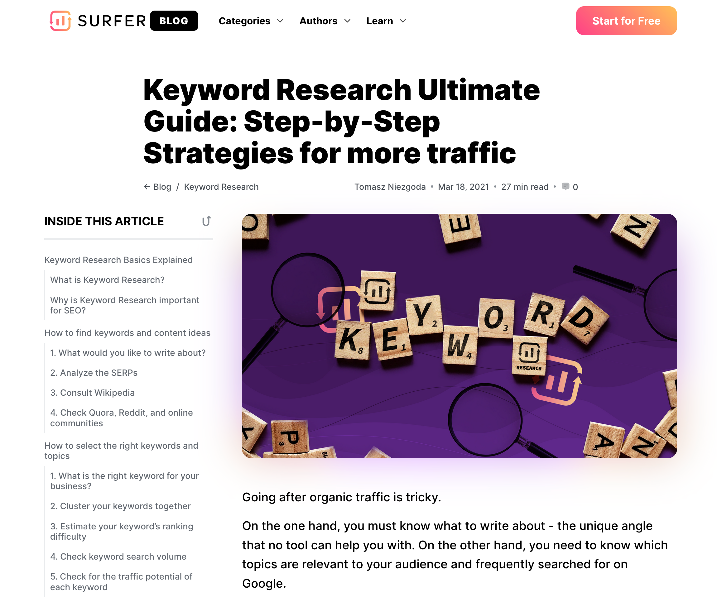 Surfer's keyword research guide pillar page.