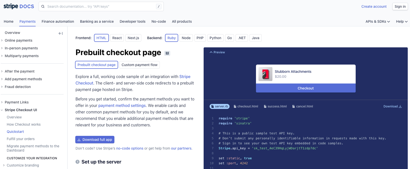 stripe's prebuilt checkout page developer documentation 