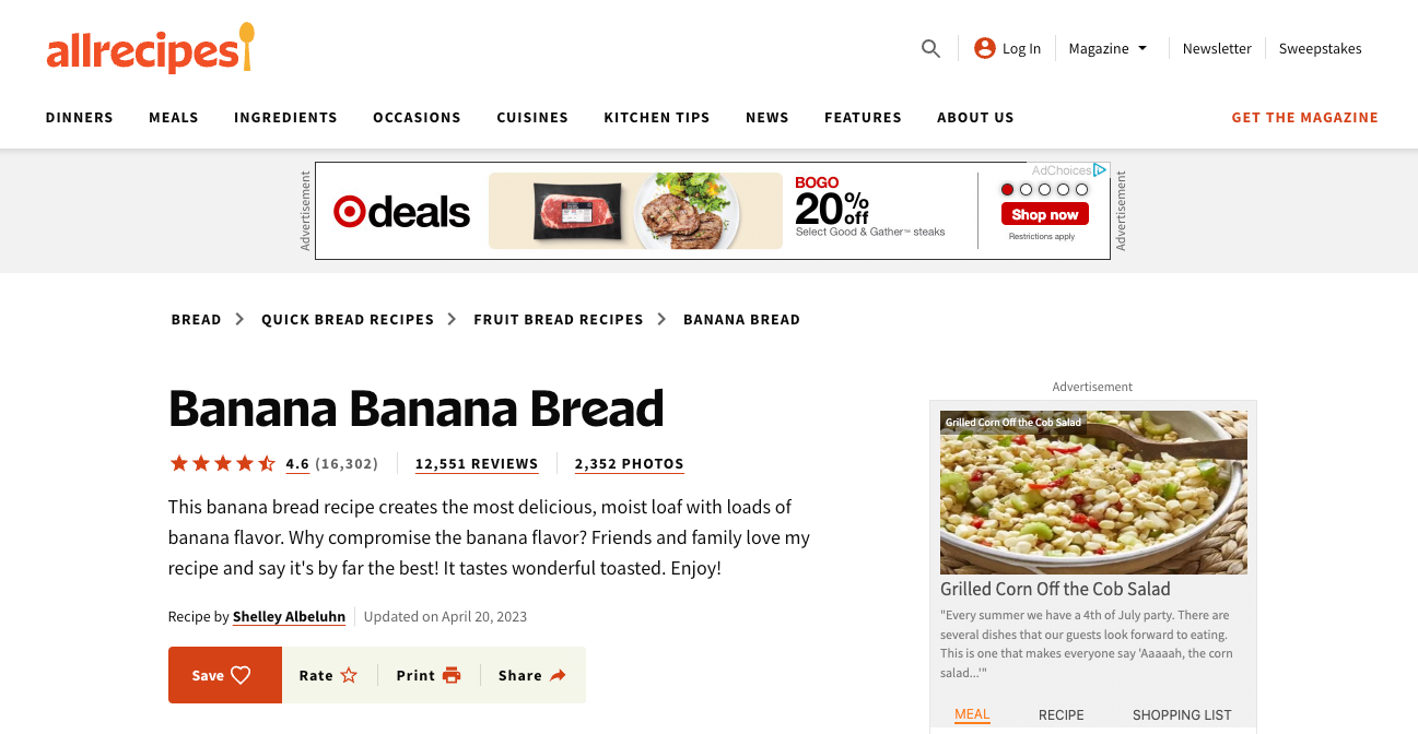 allrecipes.com as an example of a content page