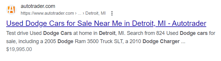 Autotrader search engine listing for "used dogde cars for sale in Detroit" keyword