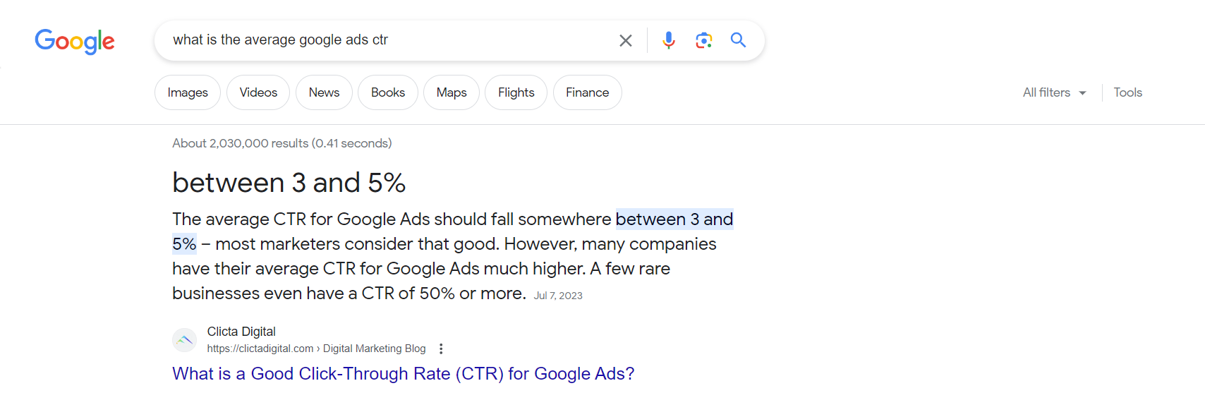 Featured Snippets result for the "What is the average Google Ads CTR?" search querie 