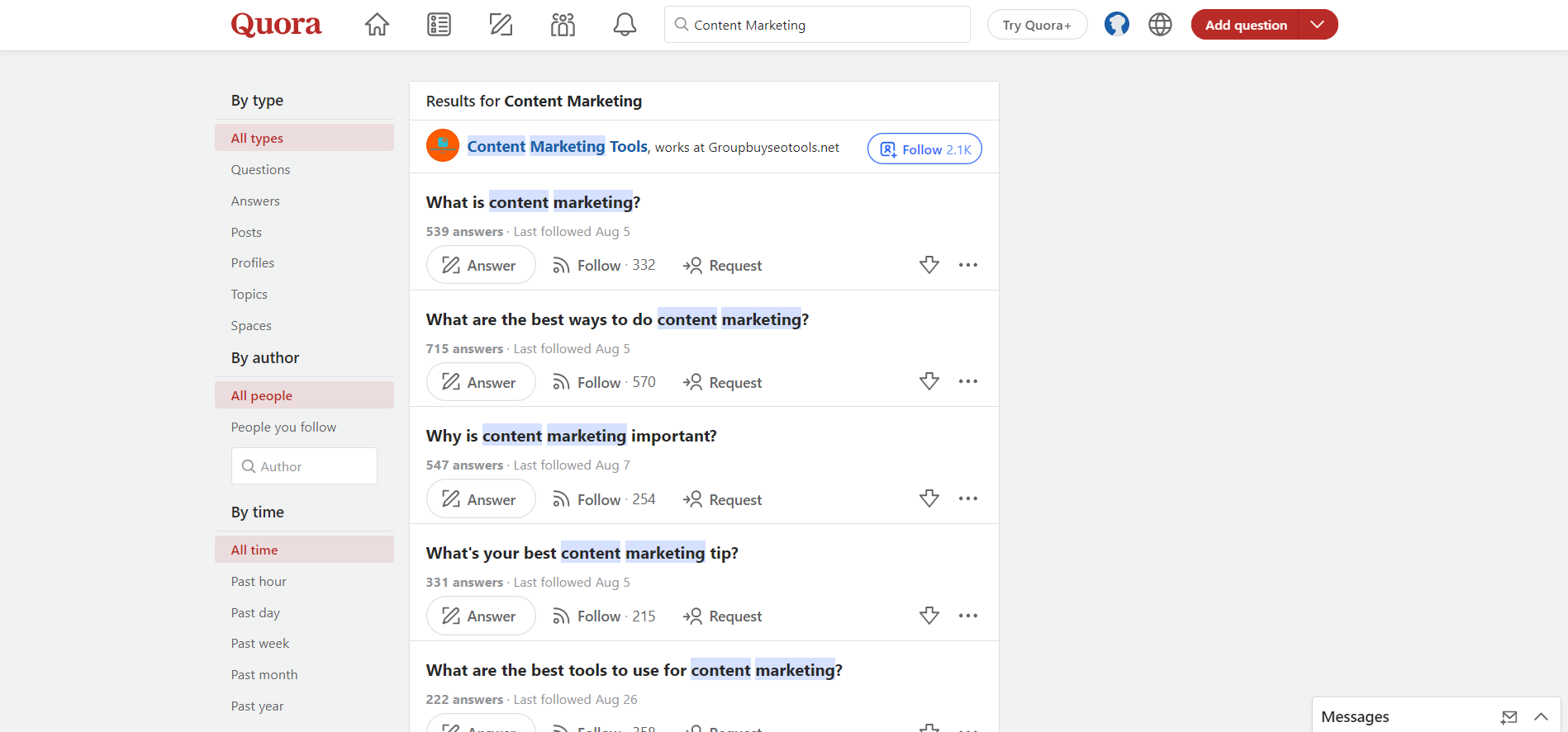 Quora results for the "Content marketing" keyword