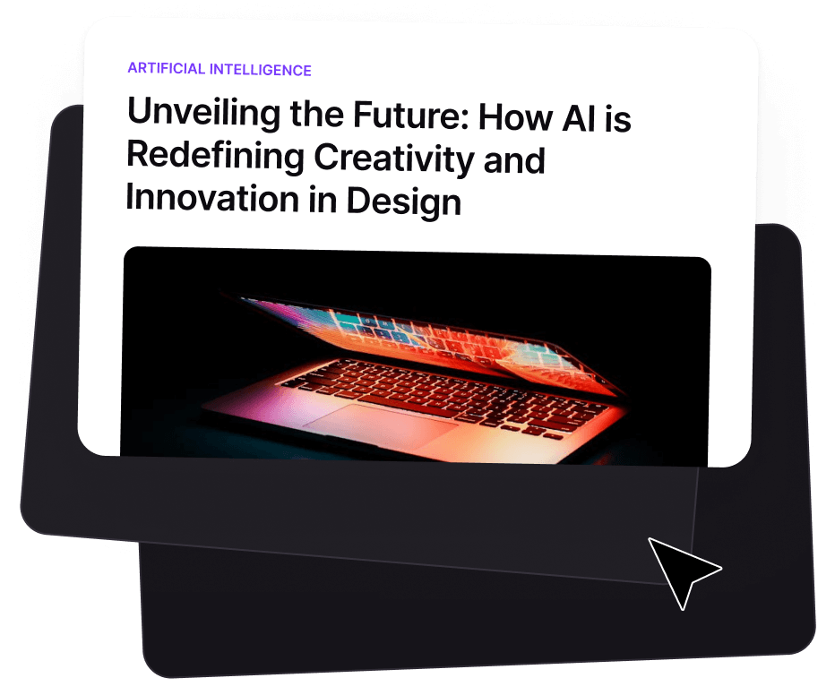 Promotional graphic for a content creation tool highlighting the feature to generate 'Briefs with catchy headlines in seconds' using an Outline Builder. The image shows an example article titled 'Unveiling the Future: How AI is Redefining Creativity and Innovation in Design' displayed on a tablet screen.