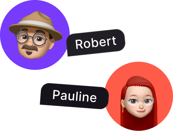 Graphic of two stylized avatars representing collaboration; one is labeled 'Robert' with a male avatar wearing a hat and glasses, and the other is 'Pauline' with a female avatar with red hair, both against a background of connected speech bubbles.